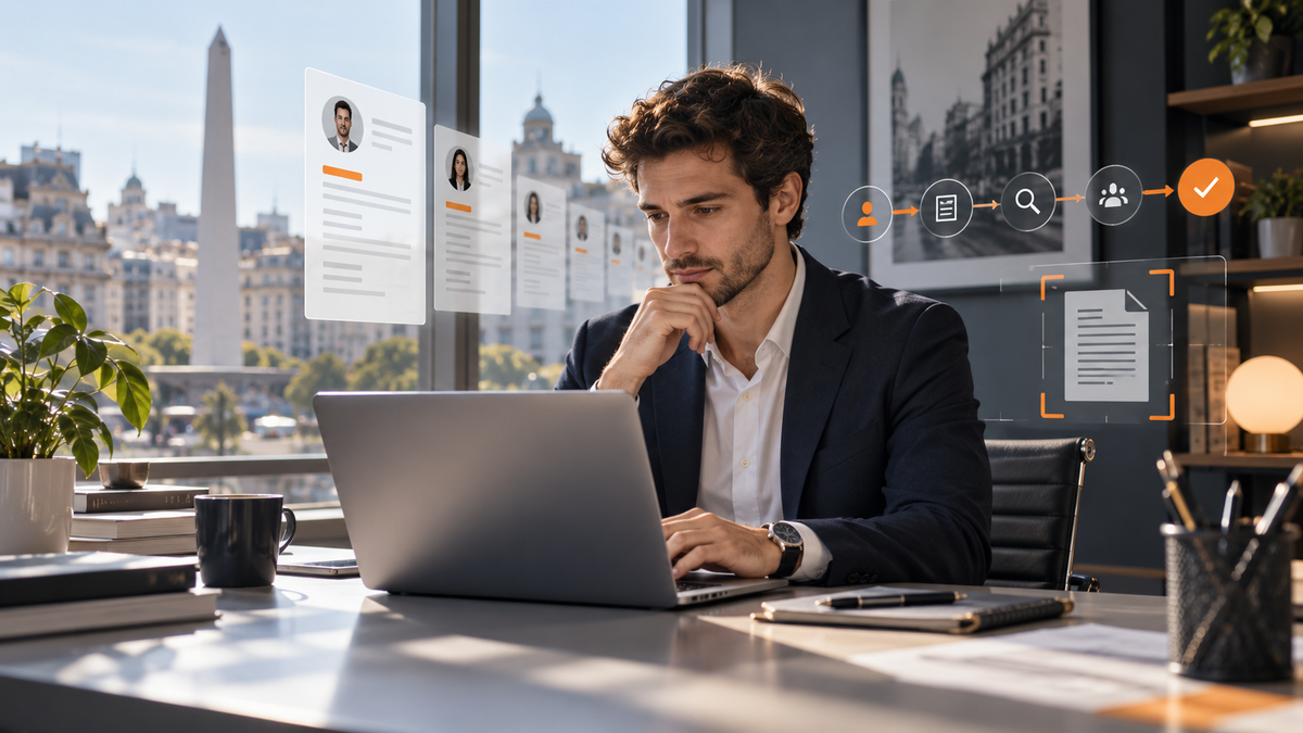 Profesional en Argentina revisando un CV ATS claro antes de enviar una postulación laboral
