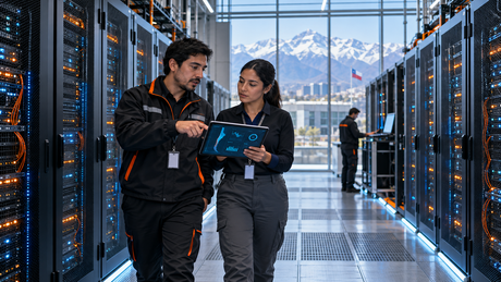 Profesionales técnicos recorriendo un centro de datos moderno en Chile y revisando infraestructura