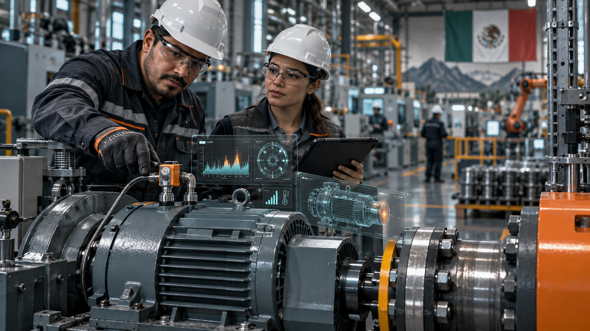 Técnico de mantenimiento industrial en México inspeccionando maquinaria con equipo de seguridad