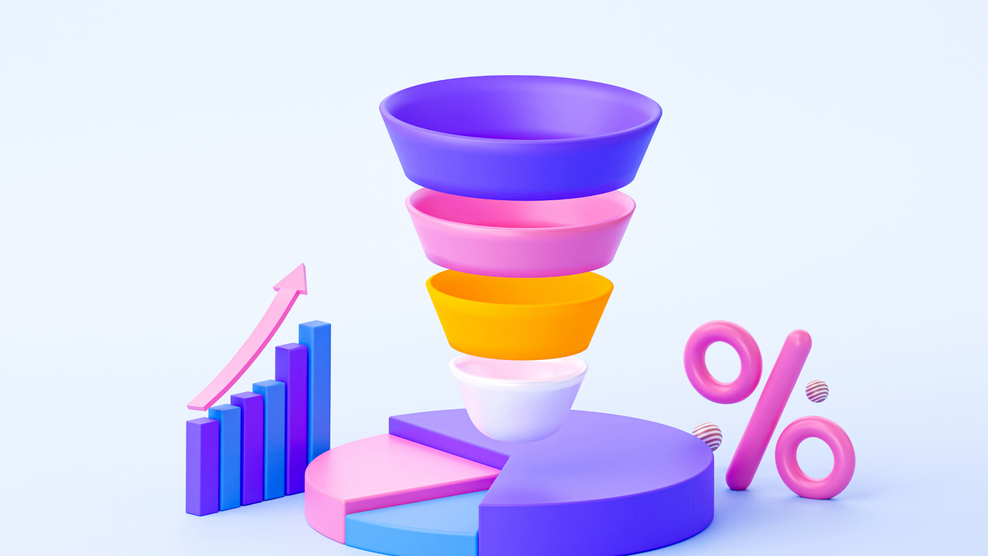 Representación visual de un embudo de ventas digital con etapas de atracción